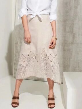 Chicos Eyelet Midi Skirt Linen Cotton A-Line Hanky Hem Lace Pull On Tan 1 8/10